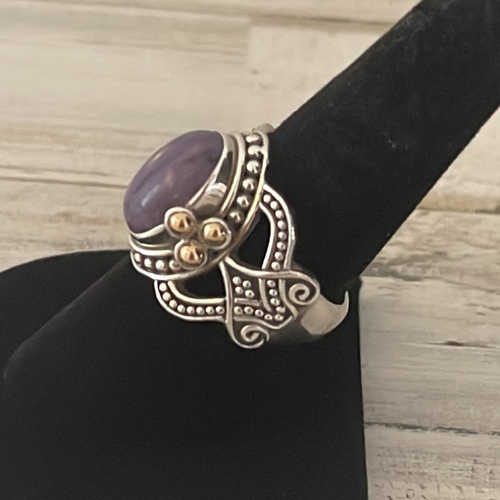 Suarti Bali Sterling Silver Cabochon Amethyst Ring 18K Gold Accent Size 8 - Picture 3 of 7